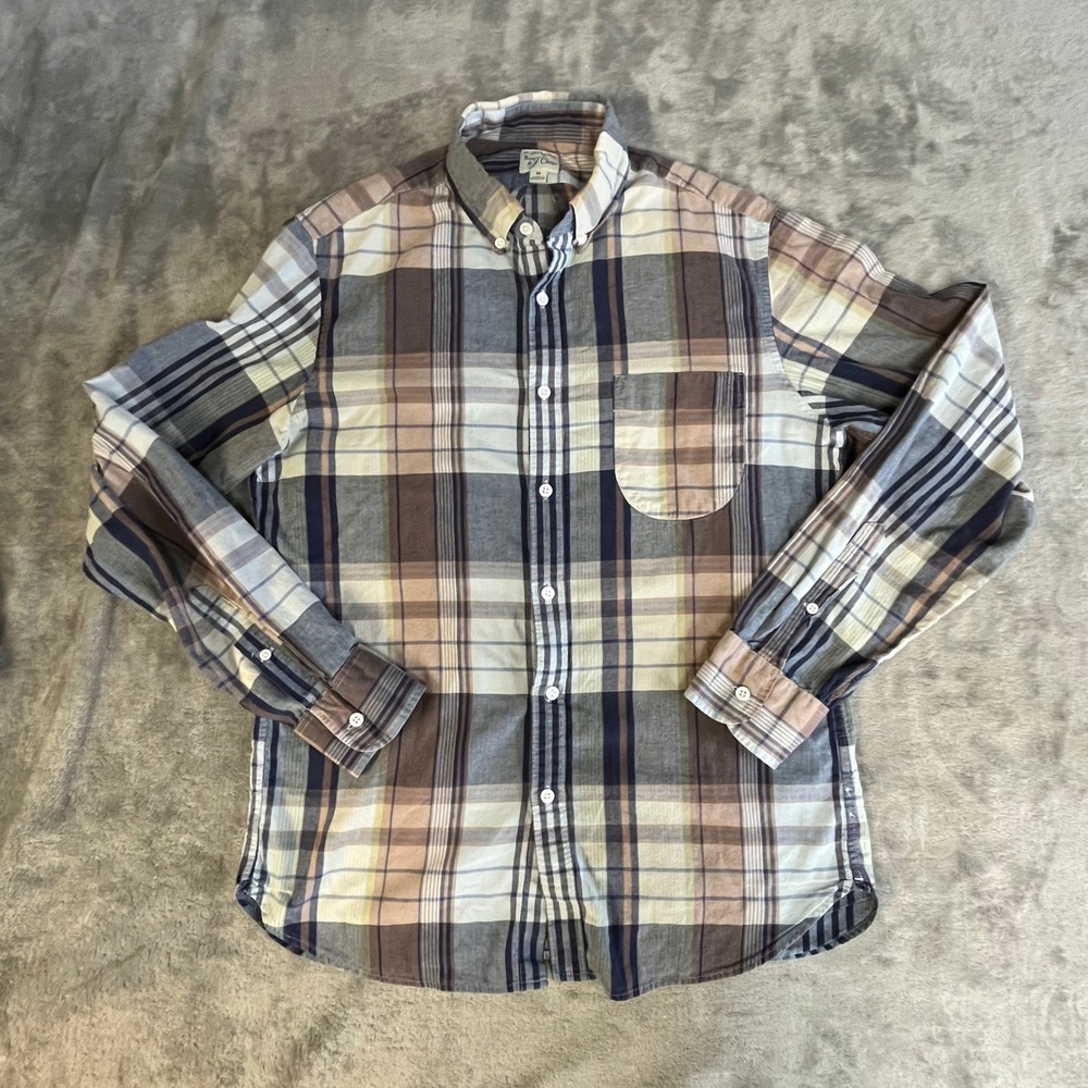 J. Crew Indian Madras Button Down Shirt Mens Size M Blue Brown Plaid Long Sleeve